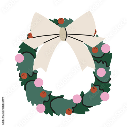 Cute Christmas door green wreath in cartoon doodle style. Festive wreath with bow ribbon for winter holiday decoration. Xmas holiday element. Seasonal vector illustration