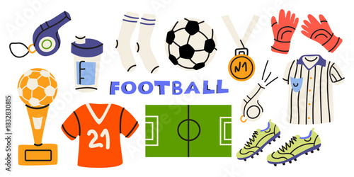Football elements set in cartoon doodle style. Sports equipment, soccer ball, sports uniform, winning cup, soccer shoes, ball, soccer field. Sports stickers, labels, icons