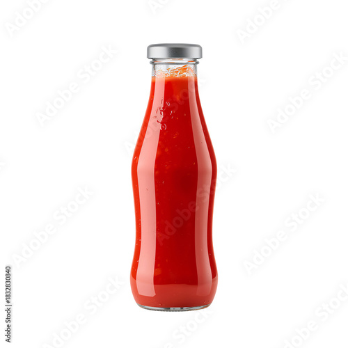 Glass Bottle Filled With Bright Red Tomato Juice on a Plain Background