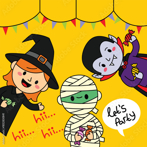 Cute witch mummy and vampire children holding candies in bright Halloween party illustration
