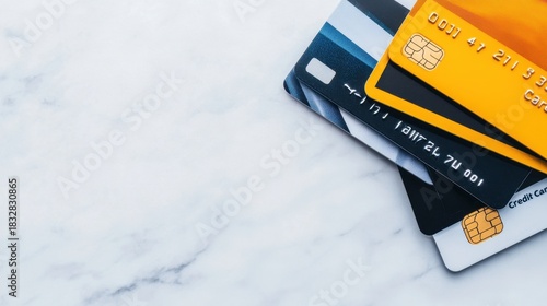 A stack of colorful credit and debit cards arranged on a smooth white marble surface.