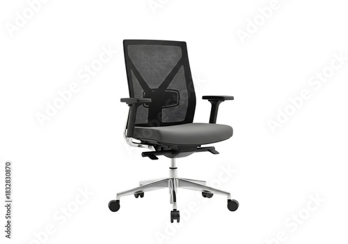 Modern ergonomic office chair with adjustable armrests and lumbar support on a black background