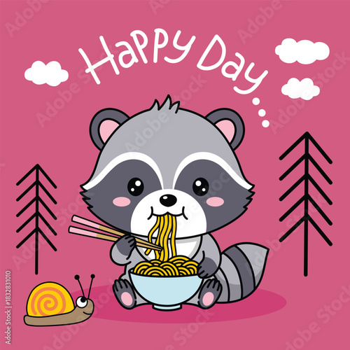 Happy raccoon eating noodles beside small snail in simple cute children illustration
