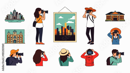 Digital illustrations portray enthusiastic photographers documenting various cityscapes and historic buildings, highlighting the joy of travel and creative pursuits.