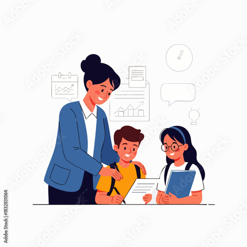 A compassionate female teacher guides two enthusiastic young students through their engaging lesson, fostering a supportive and collaborative learning environment.