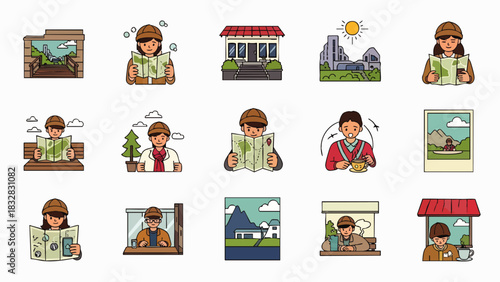 A vibrant collection of diverse travel icons depicting adventurers exploring maps, visiting ancient temples, and enjoying scenic outdoor landscapes.