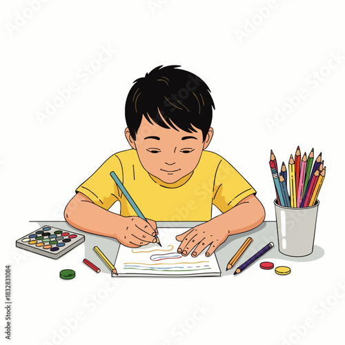 A focused young boy with dark hair diligently engages in a creative drawing activity at his desk, surrounded by colorful art supplies and pencils.