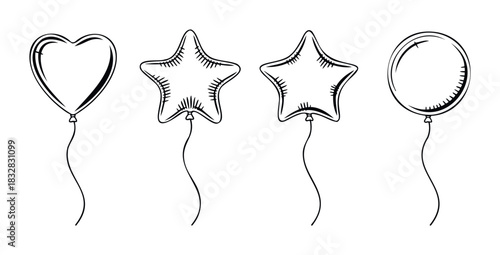 Collection of simple outline balloons in heart, star, and round shapes for festive celebrations, parties, and decorations.