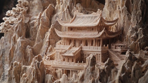 Intricate Wood Carving of a Traditional Asian Temple Complex.