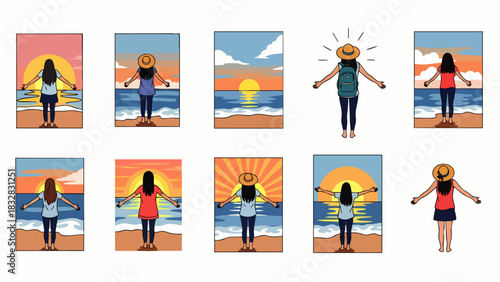 A collection of vibrant illustrations depicting a person from behind, arms outstretched, admiring the beautiful sunset over a serene beach and ocean.