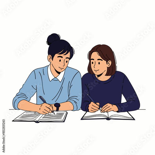 Two young students are diligently studying together, collaborating on academic tasks and sharing knowledge in a focused learning environment.