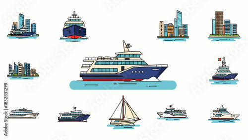 A diverse collection of modern and classic watercraft, including ferries, cruise ships, and sailboats, depicted in a clean, illustrative line art style.