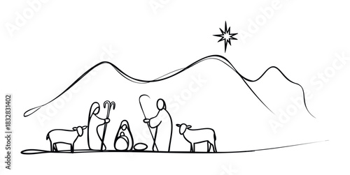 Simple line art nativity scene with Mary Joseph baby Jesus shepherd and sheep under a star symbolizing Christmas and the birth of Christ suitable for religious themes and holiday greetings