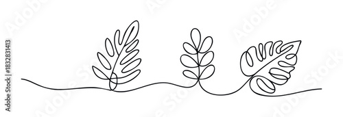 Simple line drawing of three distinct leaves, connected by a single flowing line, perfect for nature themes and organic branding, offering versatile use for websites and print.