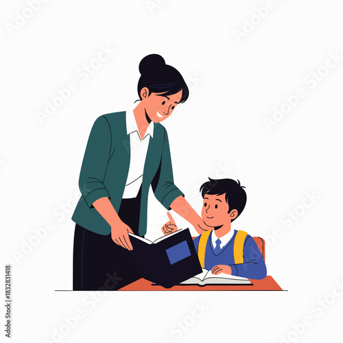 A kind female teacher patiently assists a young male student with his schoolwork, fostering a positive learning environment and promoting academic success.
