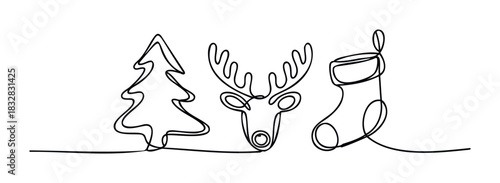 Minimalist single line drawing of a Christmas tree, reindeer head, and stocking for holiday celebrations and festive greetings.