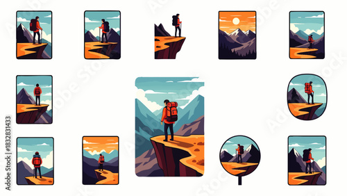 This collection of vibrant, pixel-art style illustrations captures the essence of a lone hiker contemplating the grandeur of nature from a high precipice.