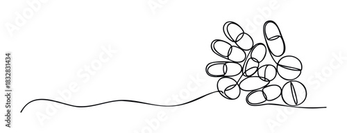 Minimalist continuous line drawing depicting a cluster of various pills and tablets flowing into a smooth wave, ideal for healthcare or wellness themes