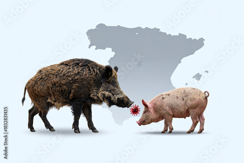 A wild boar and a pig catching swine fever, isolated, in a simple, minimalist background.