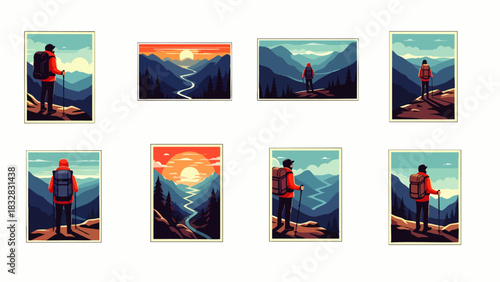 A collection of vibrant illustrations showcasing hikers exploring majestic mountain landscapes at sunrise and sunset, emphasizing outdoor adventure and scenic beauty.