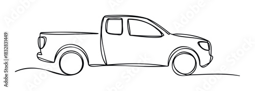 Simple black line drawing of a pickup truck viewed from the side, suitable for use in automotive advertising, vehicle concepts, or transport related projects.