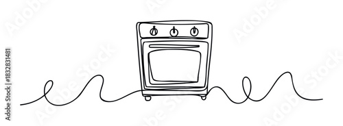 Minimalist line drawing of a kitchen oven with a stylized appliance cord in a continuous line style perfect for cooking or home appliance themes.