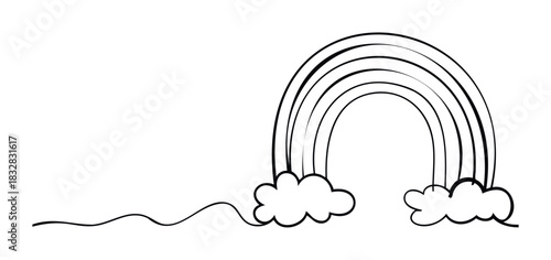 Simple black outline drawing of a rainbow with fluffy clouds on a white background, symbolizing hope and happiness, perfect for greeting cards and childrens books.