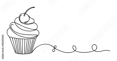 Simple line drawing of a cupcake with a cherry on top and a swirling decorative line extending to the right, perfect for bakery promotions, food blogs, and sweet treat graphics.