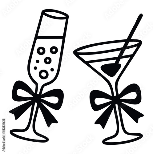 Celebration drinks including champagne flute and martini glass with festive bows for joyous occasions and special events