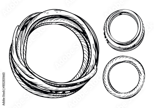 Hand drawn circular frames and borders with twine like texture for graphic overlay and decorative purposes in a simple sketched style.