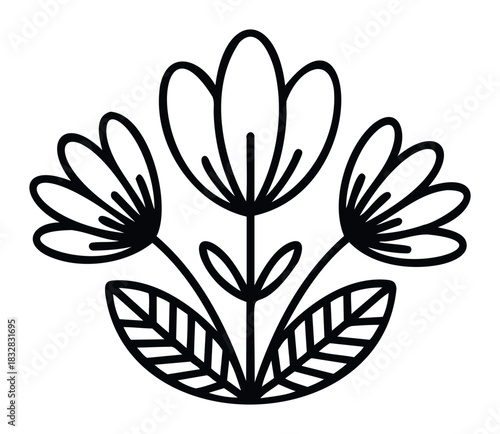 Simple black outline floral design with three blooming flowers and two leaves, perfect for greeting cards, stationery, or logos seeking a botanical theme