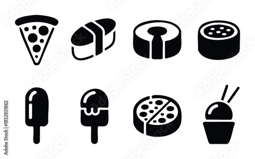 Collection of simplified flat black icons representing popular food items like pizza, sushi, and ice cream for easy integration into digital and print media projects.
