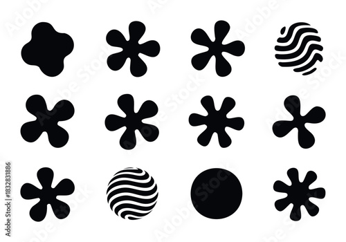 Collection of abstract black organic shapes and stylized spheres with wavy lines, perfect for graphic backgrounds and branding projects