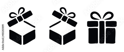 Set of black gift box icons with ribbons, representing surprise, presents and special occasions, perfect for holiday celebrations and event promotions.