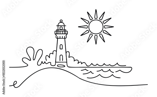 Minimalist outline of a lighthouse on a shore with waves under a sun, perfect for coastal themes, travel, or maritime design projects.