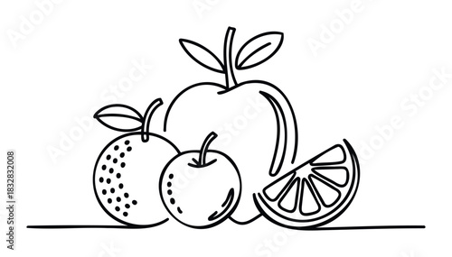 Simple line drawing of apples, orange, and citrus slice grouped together on a horizontal line, perfect for healthy eating themes and foodrelated content creation.
