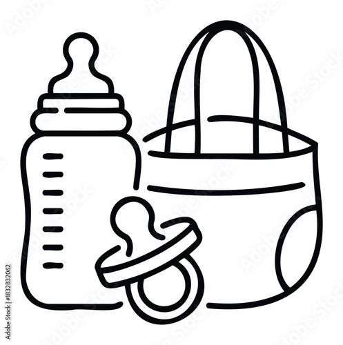 Baby essentials including a feeding bottle, pacifier, and diaper bag outline icon symbolizing infant care and newborn supplies for parenting needs