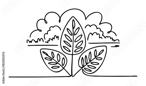 Minimalist single line drawing of a plant with three large leaves reaching upwards with a cloudy sky suggested above, perfect for natural themes and organic branding projects.