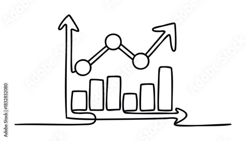 Line art depicting a rising trend graph with arrows indicating growth and progress, perfect for financial analysis and business strategy presentations.