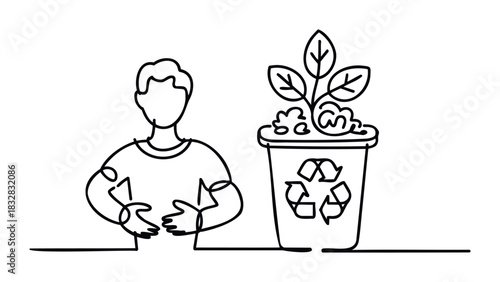 Single line drawing of a person with hands on stomach next to a pot with a plant and recycling symbol, representing environmental awareness and sustainability initiatives.