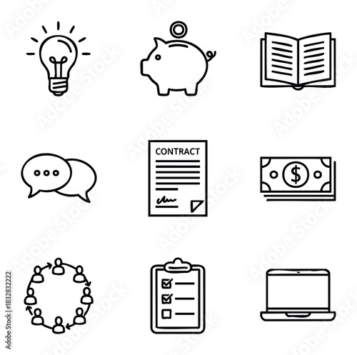 Collection of business icons representing ideas, savings, knowledge, communication, contracts, money, teamwork, tasks and technology for corporate presentations and websites