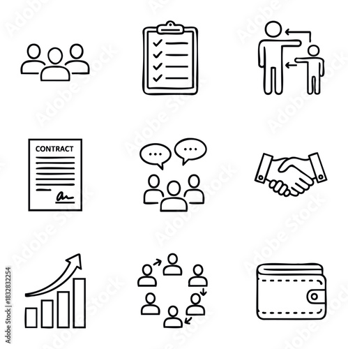 Business icons representing teamwork, planning, communication, contract agreement, growth, and financial success for corporate presentations and websites.