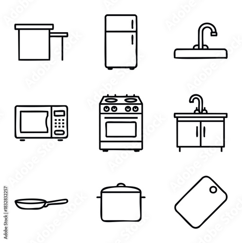 Collection of simple line icons representing common kitchen appliances and utensils for use in various graphic projects and culinary themes
