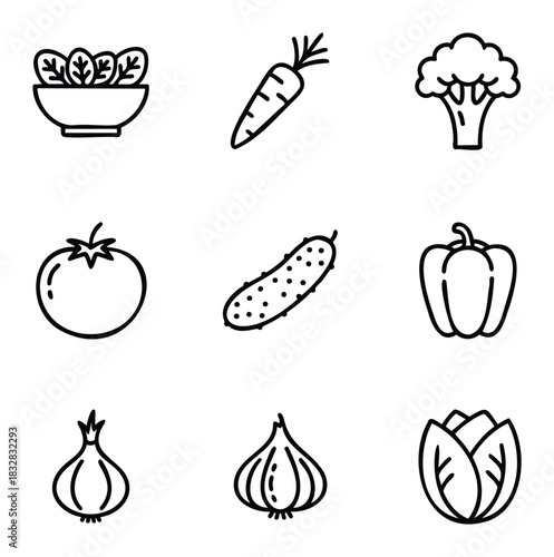 Collection of fresh vegetable icons for healthy eating and cooking inspiration, ideal for food blogs, nutrition apps and recipe websites