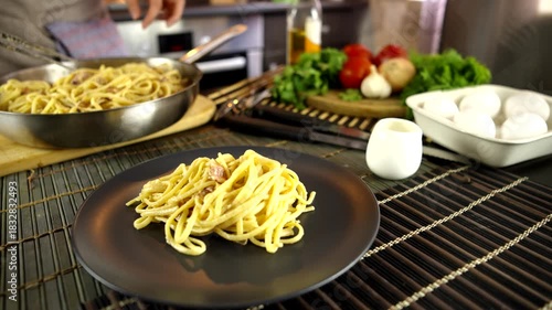 Italian pasta recipe. Traditional homemade pasta carbonara cooking