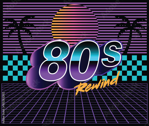 Vibrant retro 80s synthwave design featuring neon colors, palm trees, sunset gradient, and bold typography. Perfect for nostalgic themes, music events, posters, digital art, and promotion