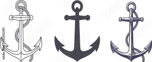 Nautical ship anchor vector set, traditional navy drawing with rope, maritime symbol, tattoo design, line art, silhouette, and vintage engraving
