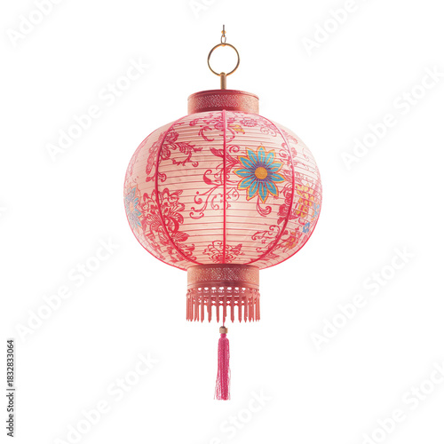 Elegant Red Lantern With Floral Design Hanging in a Bright Setting