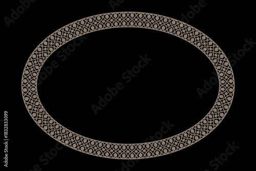 
Oval frame with gold ornate border features elegant vintage style swirls, lines. Oriental vector frame. Template for laser cutting, engraving, ceramic, plate, wedding Invitation, Scrapbooking design