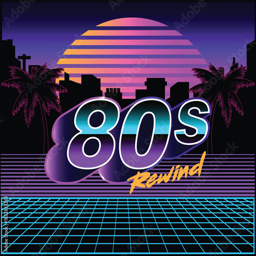 Vibrant retro 80s synthwave design featuring neon colors, palm trees, sunset gradient, and bold typography. Perfect for nostalgic themes, music events, posters, digital art, and promotion
